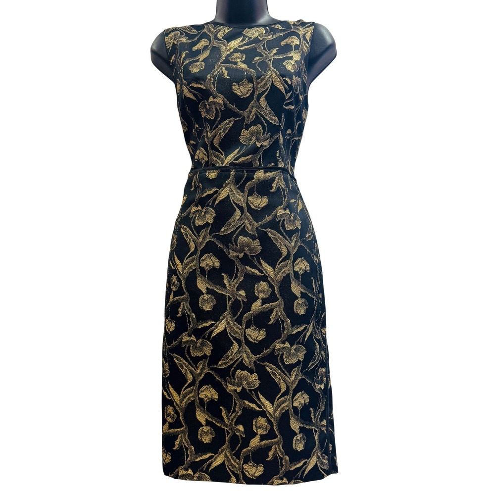 Talbots Womens 10 Black Gold Metallic Floral Jacquard Sheath Dress Sleeveless